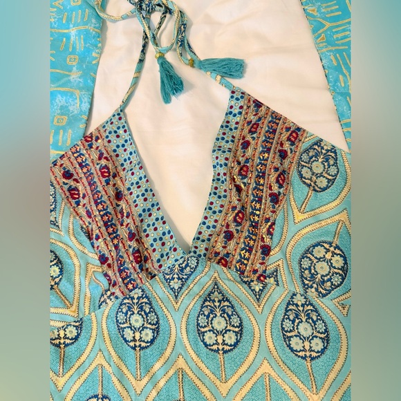 Handmade Bohemian Floral Silk Halter Tie Blue Patterned Summer Top. One Size. - Picture 9 of 10